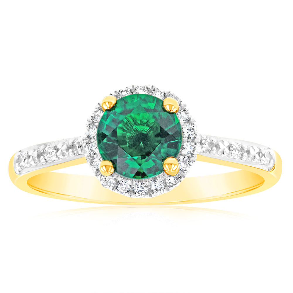9ct Yellow Gold 6mm Created Emerald and Diamond Halo Ring