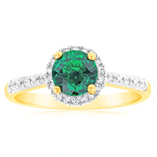 Load image into Gallery viewer, 9ct Yellow Gold 6mm Created Emerald and Diamond Halo Ring