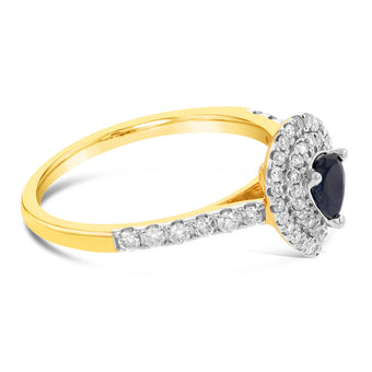 9ct Yellow Gold 0.30ct Natural Black Sapphire and 1/3ct Diamond Double Halo Pear Ring