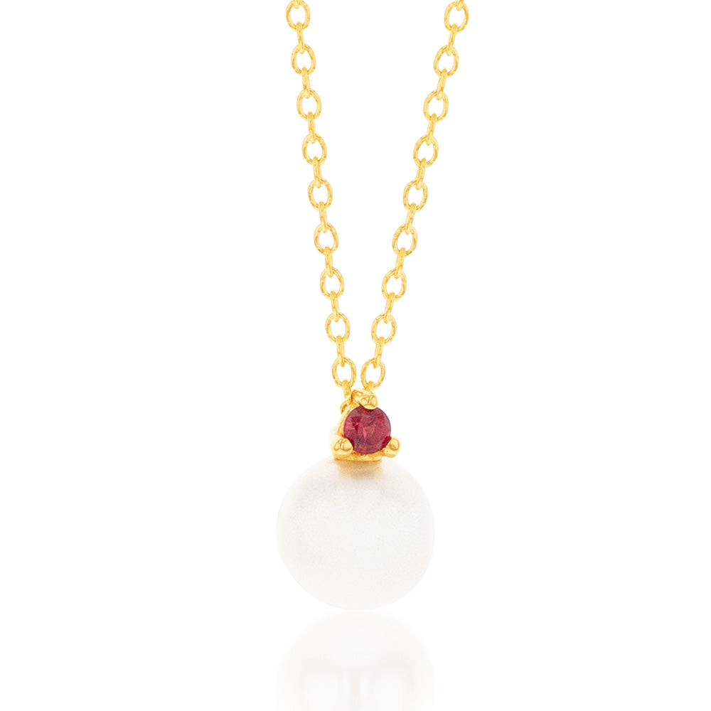9ct Yellow Gold Red Cubic Zirconia And Pearl Pendant On Chain
