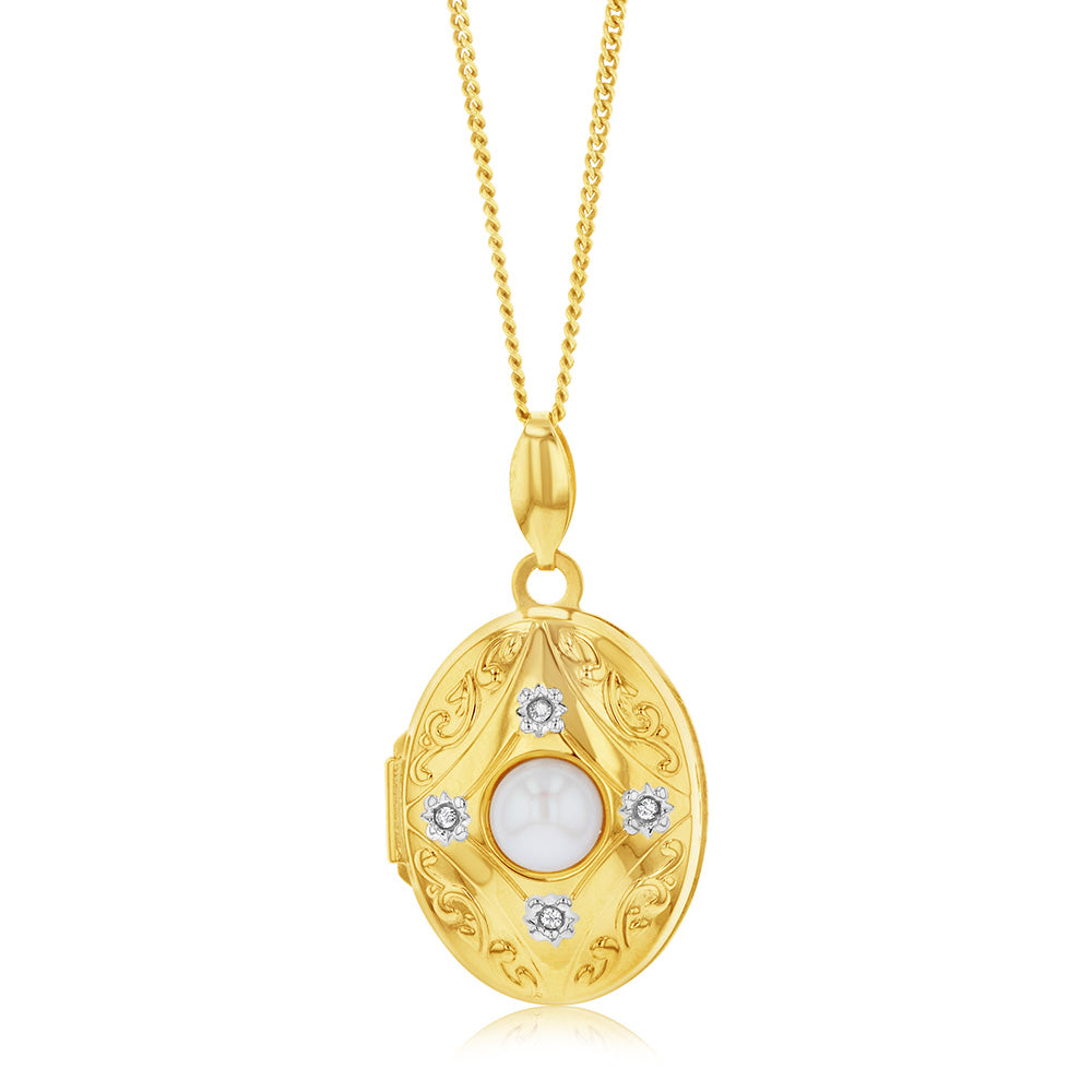 9ct Yellow Gold Oval Pearl And Diamond Locket