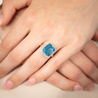 9ct White Gold Natural Blue Topaz And Diamond Ring