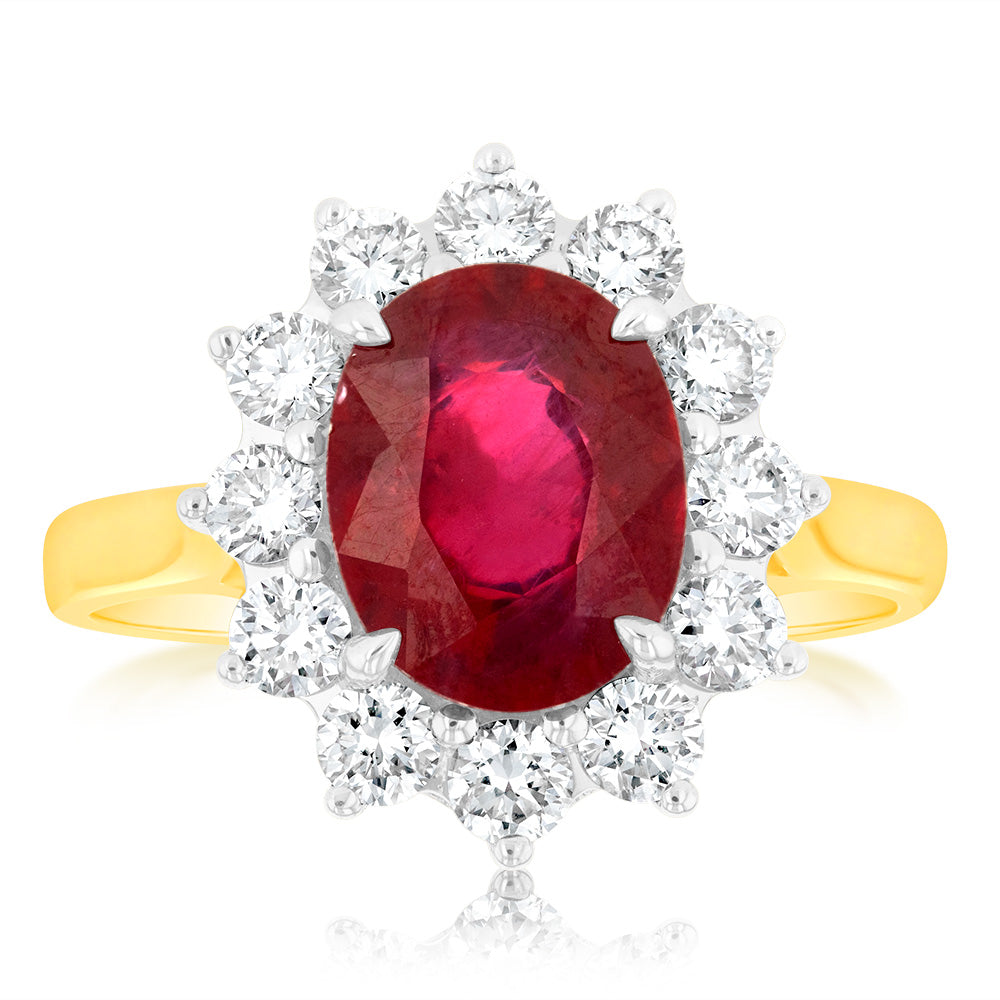 4 Carat Natural Enhanced Ruby & 1 Carat Luminesce Lab Grown Diamond Cocktail Ring in 9ct Yellow Gold