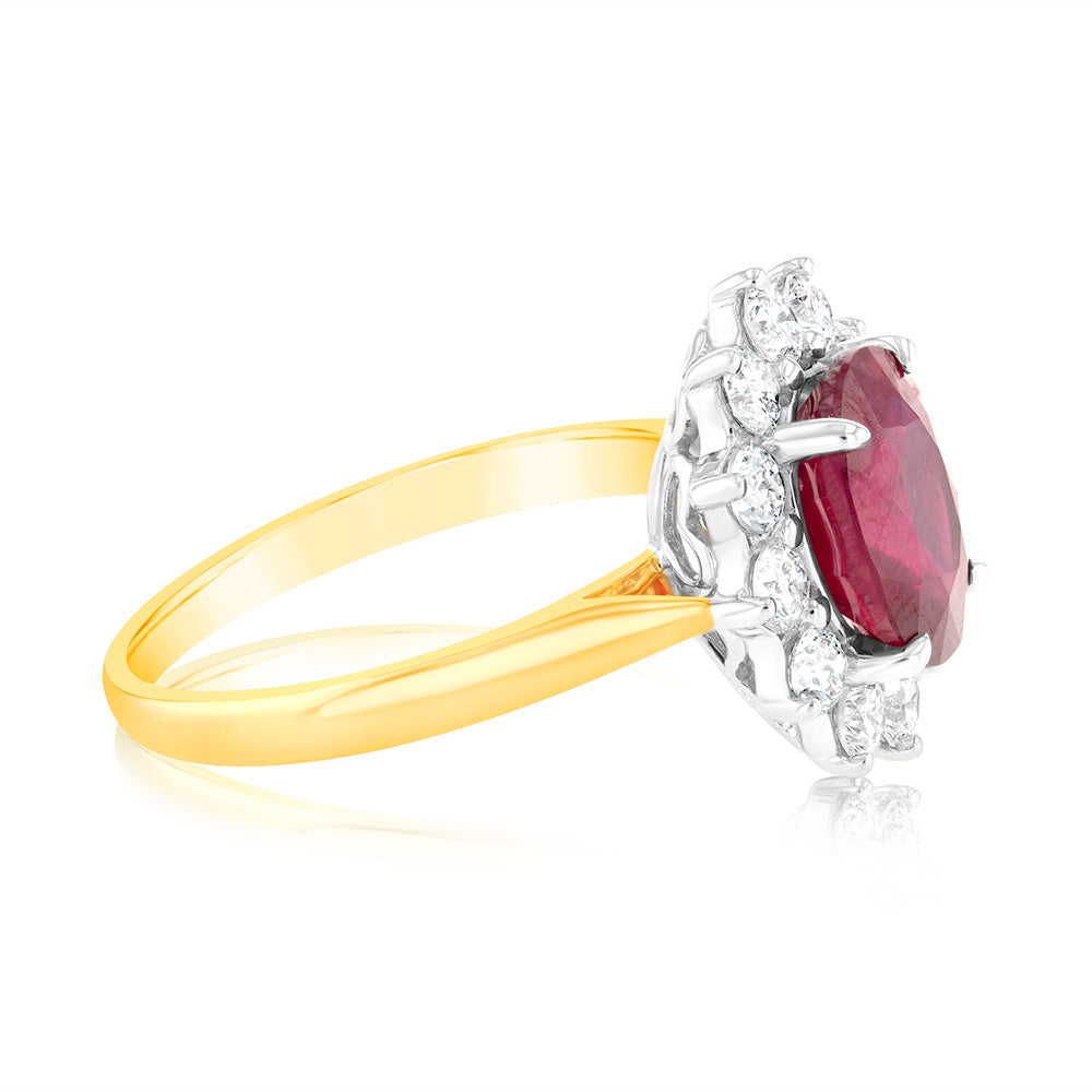 4 Carat Natural Enhanced Ruby & 1 Carat Luminesce Lab Grown Diamond Cocktail Ring in 9ct Yellow Gold