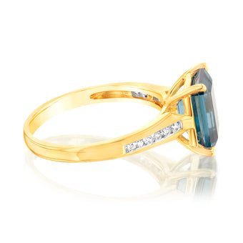 9ct Yellow Gold Natural London Blue Topaz and Channel Set Diamond Ring