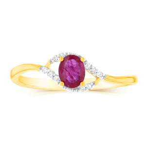 9ct Yellow Gold Natural Ruby 10Diamonds Ring