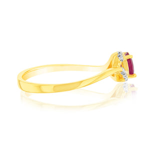 9ct Yellow Gold Natural Ruby 10Diamonds Ring