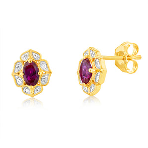 0.60 Carat Created Ruby Oval and Diamond Earrings in 9ct Yellow Gold