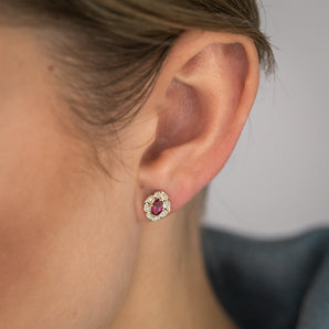 0.60 Carat Created Ruby Oval and Diamond Earrings in 9ct Yellow Gold