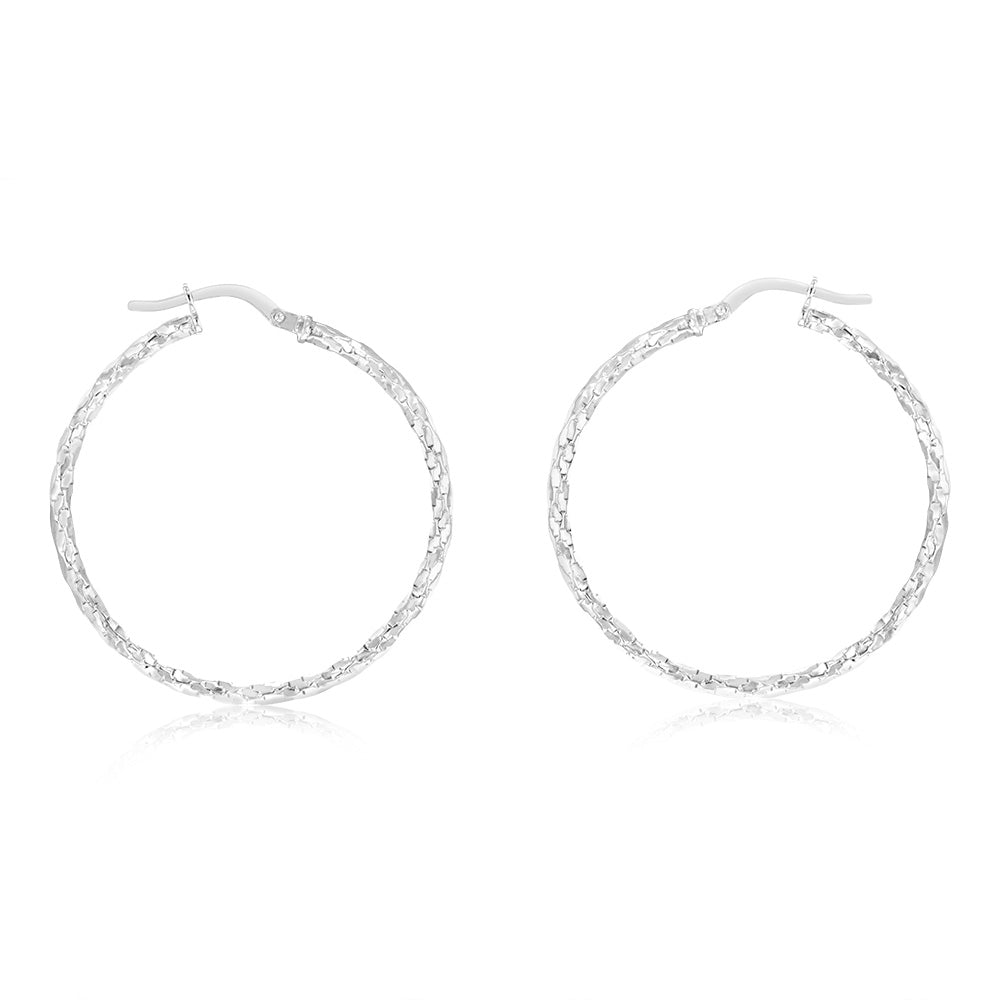Old English Jewellers 9ct White Gold 30mm Twisted Ladies Hoop Earrings - Lobe, Round