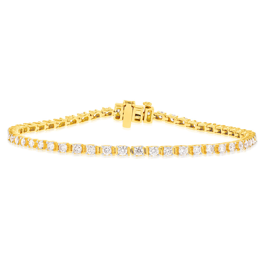 9ct Yellow Gold 2 Carat Diamond Tennis Bracelet set with 54 Brilliant Diamonds 18cm