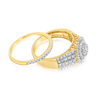 9ct Yellow Gold 1 Carat Diamond Round Shape Cluster Bridal 2-Ring Set