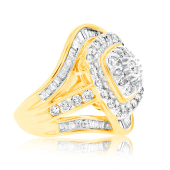 9ct Yellow Gold "3 Carats Look" TW 2 Carat Diamond Ring with Brilliant and Tapered Baguette Diamonds