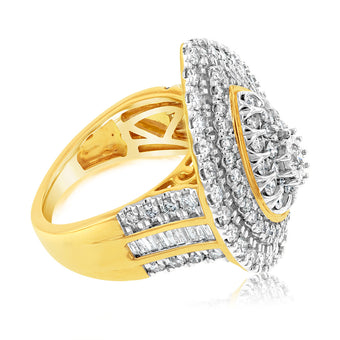 9ct Yellow Gold 2 Carat Diamond Ring with Brilliant and Tapered Baguette Diamonds