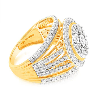 9ct Yellow Gold 1 Carat Diamond Round Cushion Shape Cluster Dress Ring
