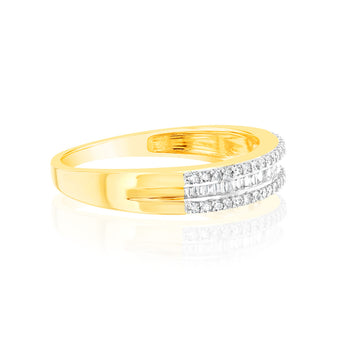 9ct Yellow Gold 1/3 Carat Diamond Ring with Channel Set Baguettes and Claw Set Round Brilliant Side Diamonds