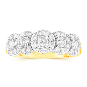 14ct Yellow Gold 0.95 Carat Diamond Ring with 5 Round Brilliant Cut Diamonds Surrounded by Diamond Halos