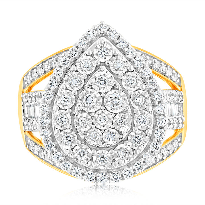 Luminesce Lab Grown 1Carat Cluster Pear Shaped Diamond Engagement Ring in 9ct Yellow Gold