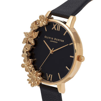 OB16CB07 Olivia Burton Womens Floral Black Leather Watch