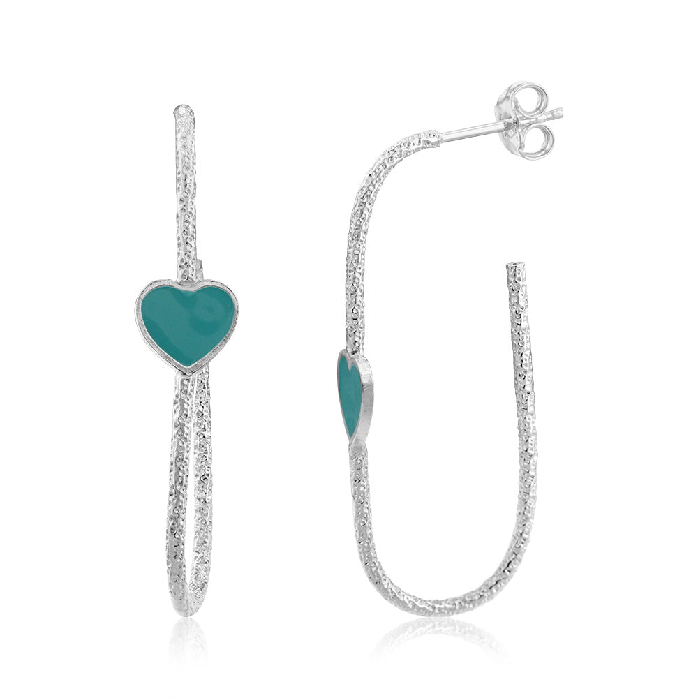 Sterling Silver Aqua Enamel Heart Hoop Earrings
