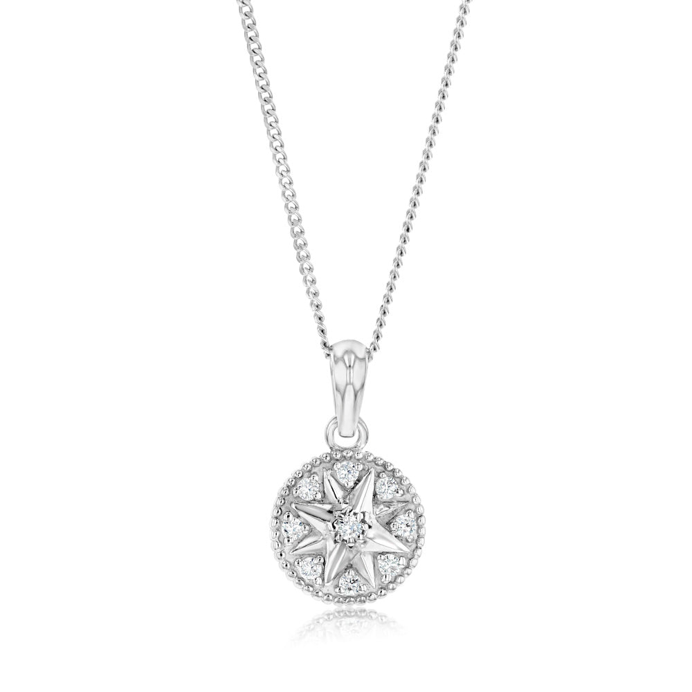 Sterling Silver Cubic Zirconia Star On Round Pendant