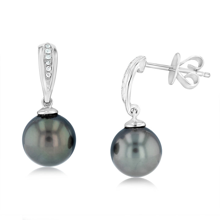 9ct White Gold Tahitian Pearl & Diamond Drop Earrings