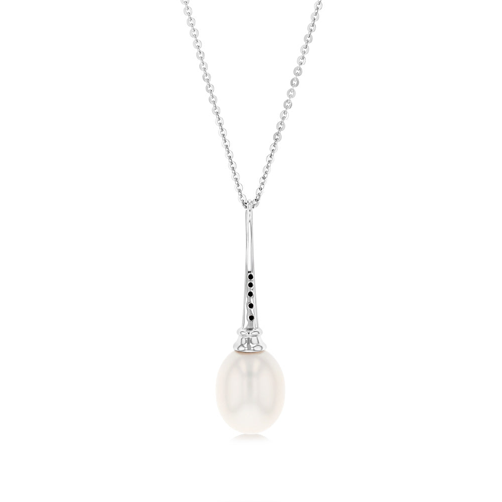 Sterling Silver Rhodium Plated 9-9.5mm Oval Fresh Water Pearl Pendant On Chain