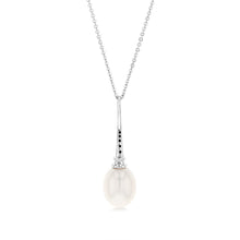 Load image into Gallery viewer, Sterling Silver Rhodium Plated 9-9.5mm Oval Fresh Water Pearl Pendant On Chain