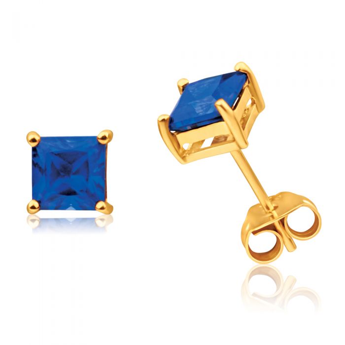9ct Yellow Gold Created Sapphire 5mm Princess Cut Stud Earrings