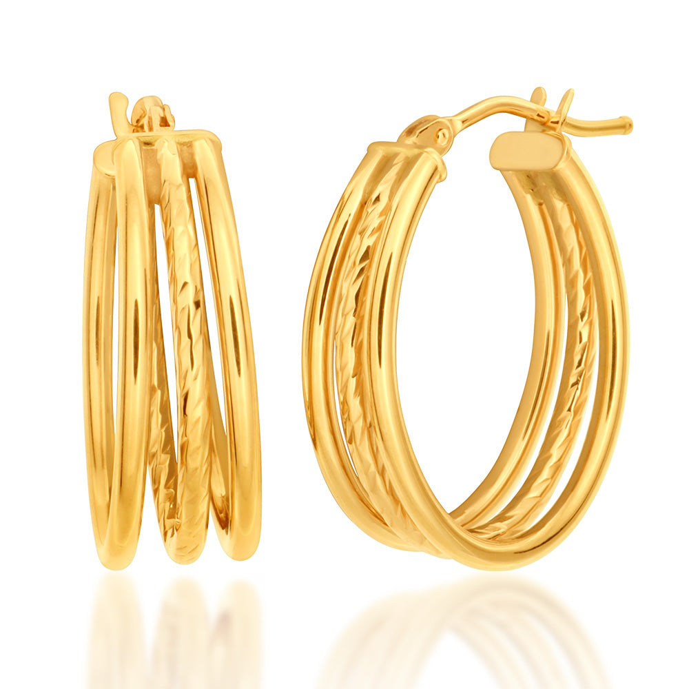 9ct Yellow Gold Oval Trio 15mm x 20mm Hoop Earrings