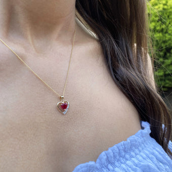 9ct Alluring Yellow Gold Created Ruby + Diamond Pendant