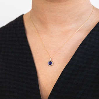 9ct Yellow Gold Created Blue Sapphire and Zirconia Pendant On 45cm Chain