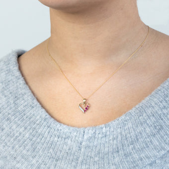 9ct Yellow Gold Natural Ruby & Diamond Heart Pendant On 45cm Chain