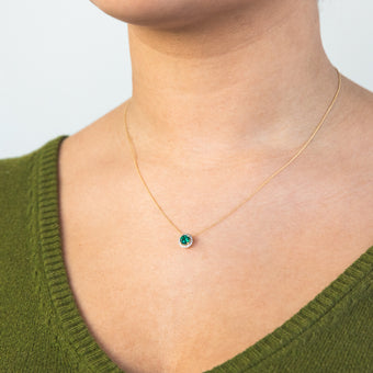 9ct Yellow Gold Created Emerald and Diamond Halo Pendant on 45cm Chain