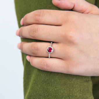 9ct Yellow Gold Created Ruby 1/10 Carat Diamond Halo Ring