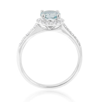 9ct White Gold 0.75ct Aquamarine and 1/10 Carat Diamond Halo Ring