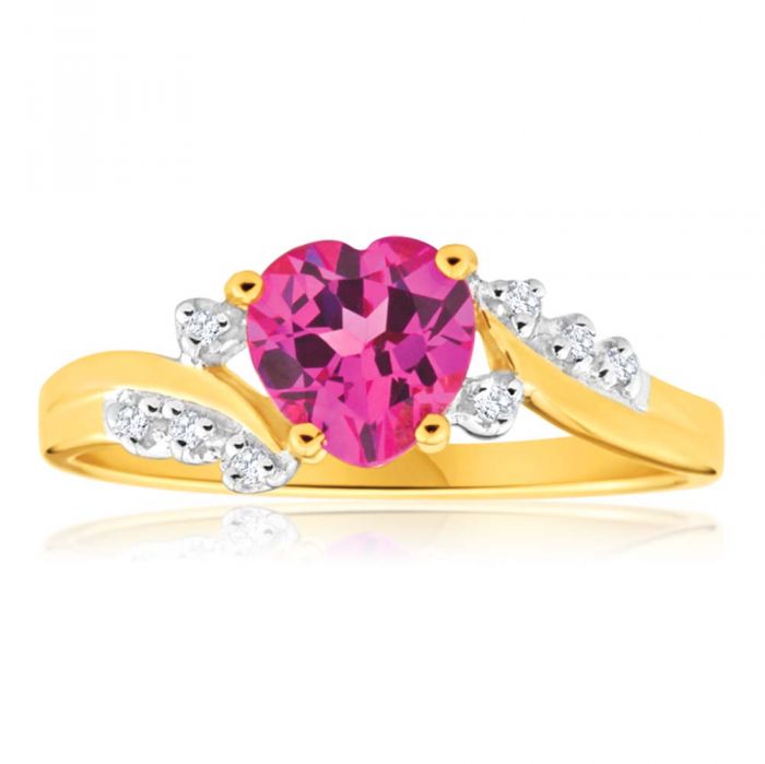9ct Yellow Gold Created Pink Sapphire Heart and Diamond Ring