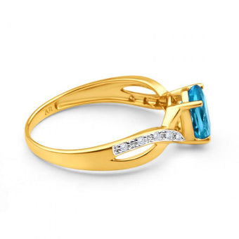 9ct Yellow Gold Blue Topaz and Diamond Cross Over Ring