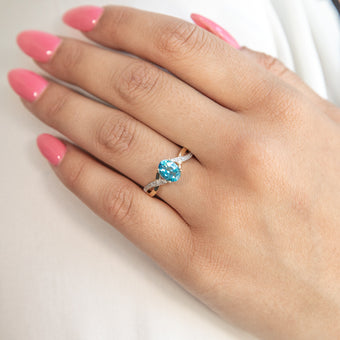 9ct Yellow Gold Blue Topaz and Diamond Cross Over Ring