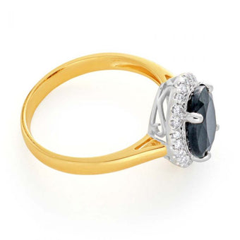 9ct Yellow Gold Diamond 3.75ct Natural Black Sapphire and 1/4 Carat Diamond Ring