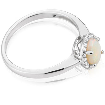 9ct White Gold 0.45ct Natural White Opal and Diamond Halo Ring
