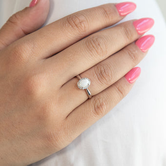 9ct White Gold 0.45ct Natural White Opal and Diamond Halo Ring