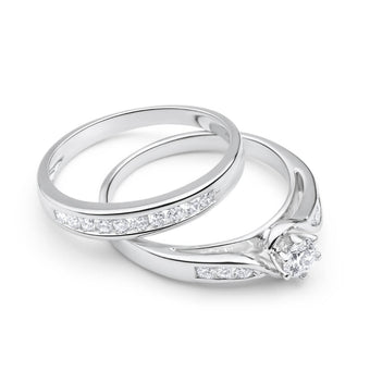 9ct White Gold 1/2 Carat Diamond 2 Ring Bridal Set With 16 Diamonds