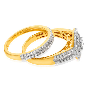 9ct Yellow Gold 1 Carat Diamond Cushion Shape Cluster Bridal 2-Ring Set