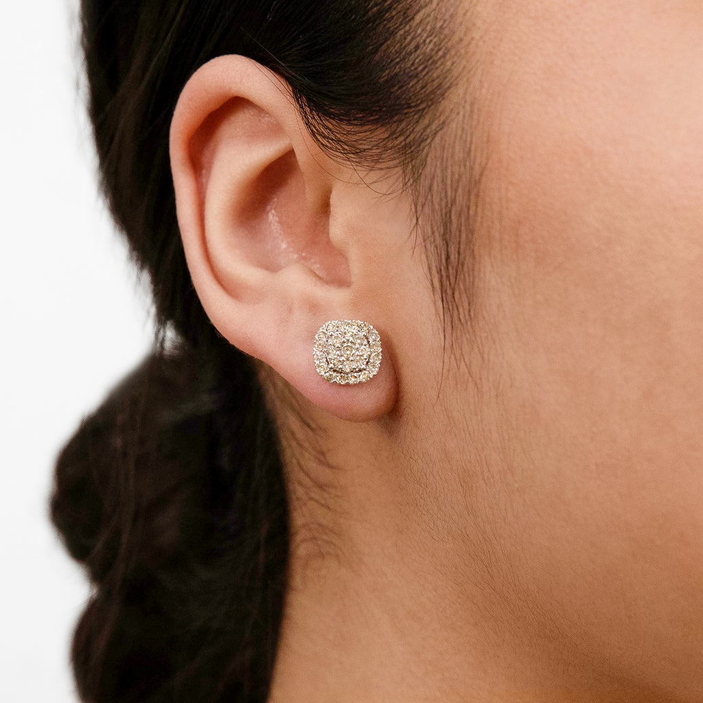 9ct Yellow Gold 1 Carat Diamond Cluster Stud Earrings with 50 Brilliant Cut Diamonds
