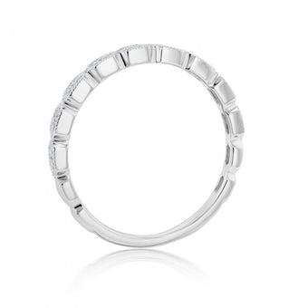 Memoire 18ct White Gold Vintage Round and Flat Hexagon Stack Ring with 18 Diamonds