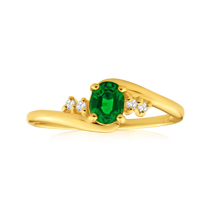 Created Emerald & Zirconia Ring in 9ct Yellow Gold