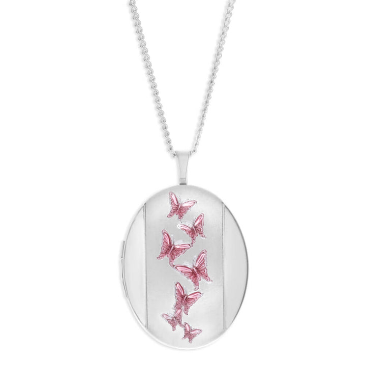 Sterling Silver Pink Butterfly Oval Locket 20mm