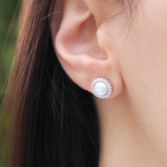 Sterling Silver Cubic Zirconia + Pearl Halo Stud Earrings