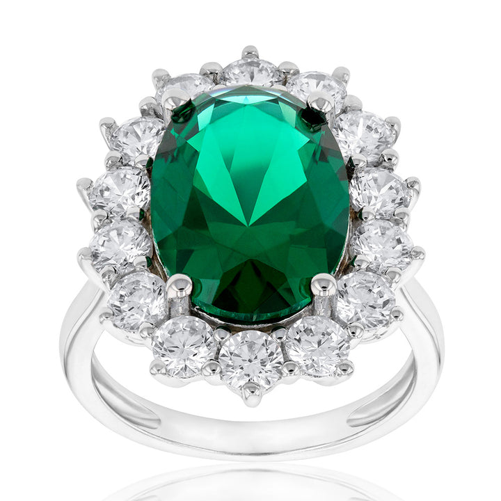 Sterling Silver Rhodium Plated Emerald-Green Cubic Zirconia Oval Ring
